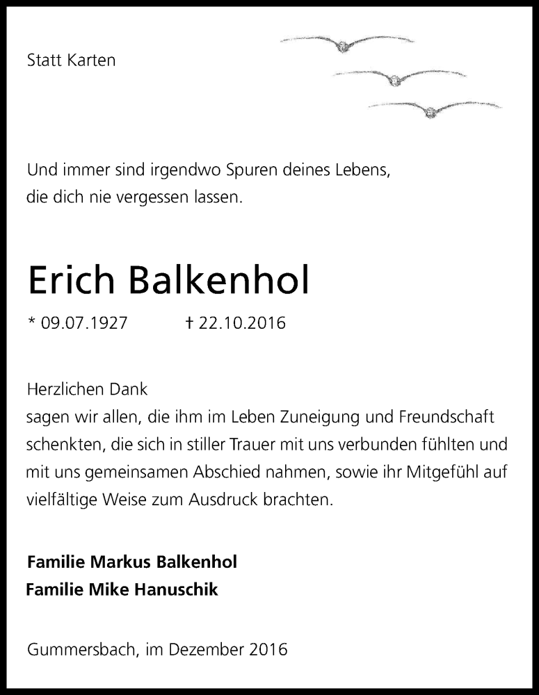  Traueranzeige für Erich Balkenhol vom 03.12.2016 aus Kölner Stadt-Anzeiger / Kölnische Rundschau / Express