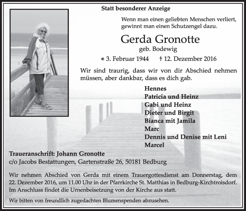  Traueranzeige für Gerda Gronotte vom 17.12.2016 aus  Sonntags-Post 