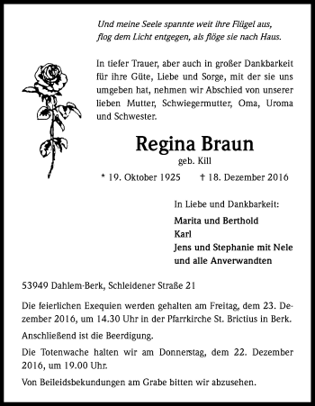 Anzeige von Regina Braun von Kölner Stadt-Anzeiger / Kölnische Rundschau / Express