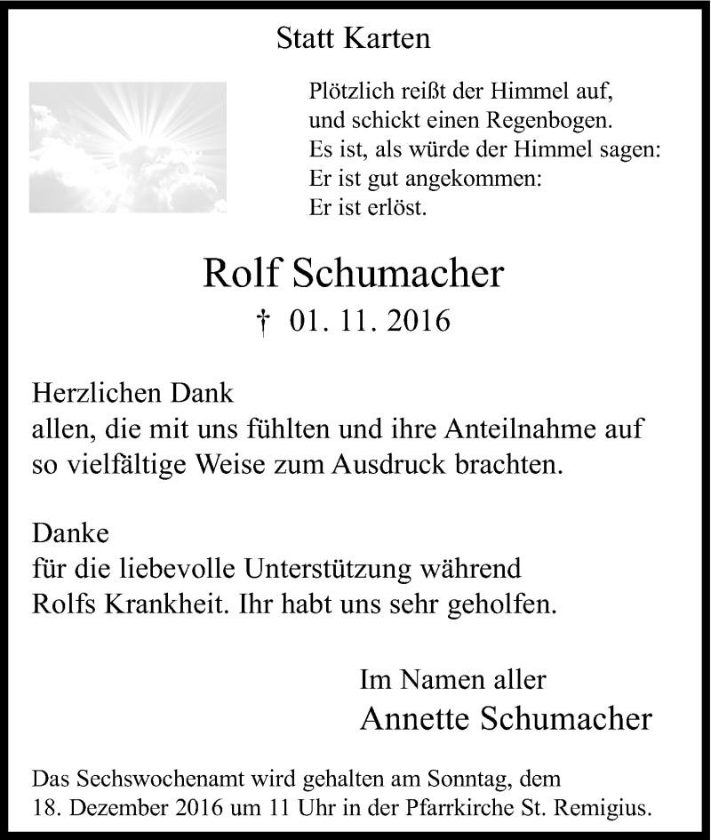  Traueranzeige für Rolf Schumacher vom 10.12.2016 aus Kölner Stadt-Anzeiger / Kölnische Rundschau / Express