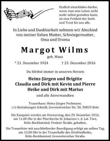 Anzeige von Margot Wilms von Kölner Stadt-Anzeiger / Kölnische Rundschau / Express