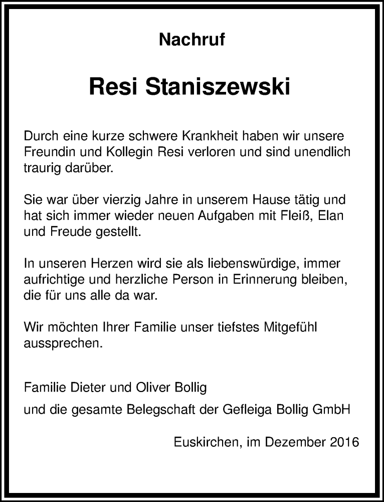  Traueranzeige für Resi Staniszewski vom 10.12.2016 aus  Blickpunkt Euskirchen 