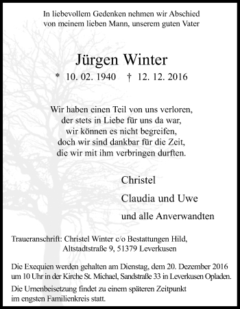 Anzeige von Jürgen Winter von Kölner Stadt-Anzeiger / Kölnische Rundschau / Express