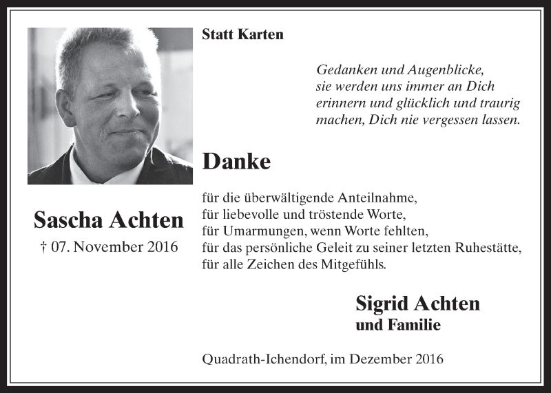  Traueranzeige für Sascha Achten vom 14.12.2016 aus  Werbepost 