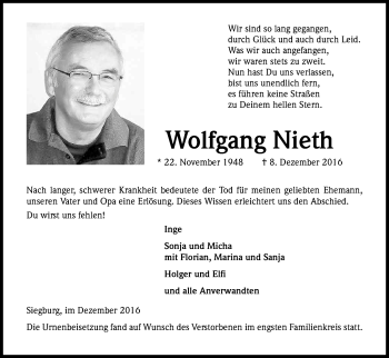 Anzeige von Wolfgang Nieth von Kölner Stadt-Anzeiger / Kölnische Rundschau / Express