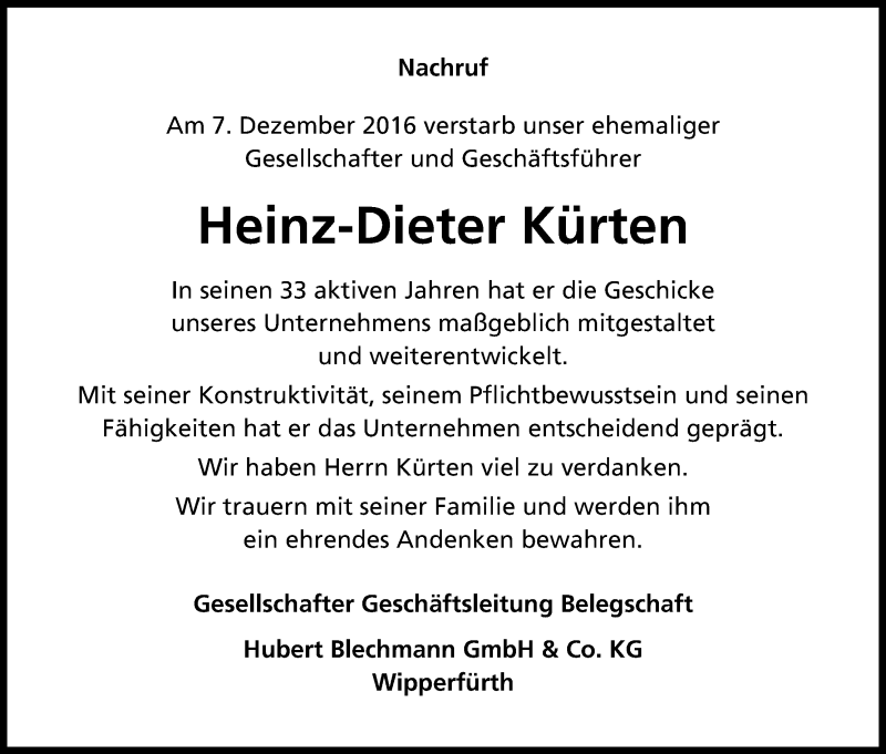  Traueranzeige für Heinz-Dieter Kürten vom 21.12.2016 aus Kölner Stadt-Anzeiger / Kölnische Rundschau / Express