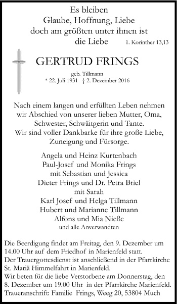 Anzeige von Gertrud Frings von Kölner Stadt-Anzeiger / Kölnische Rundschau / Express