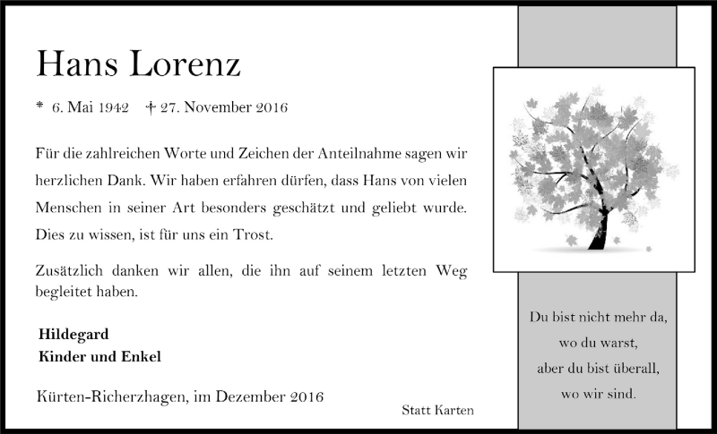  Traueranzeige für Hans Lorenz vom 28.12.2016 aus  Bergisches Handelsblatt 