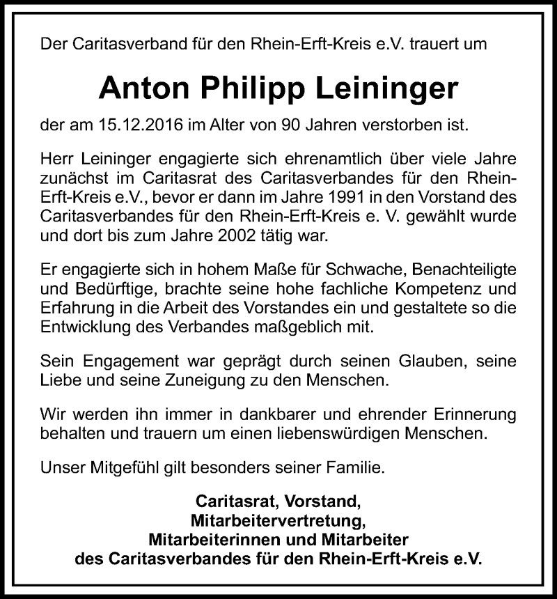  Traueranzeige für Anton Philipp Leininger vom 24.12.2016 aus Kölner Stadt-Anzeiger / Kölnische Rundschau / Express