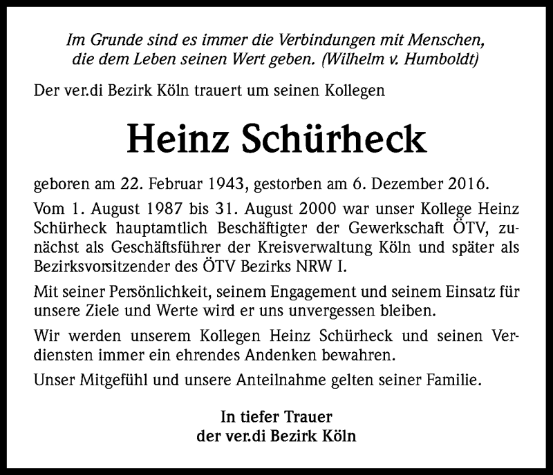  Traueranzeige für Heinz Schürheck vom 10.12.2016 aus Kölner Stadt-Anzeiger / Kölnische Rundschau / Express