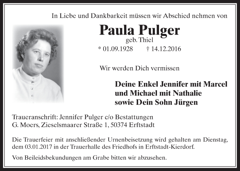  Traueranzeige für Paula Pulger vom 28.12.2016 aus  Werbepost 