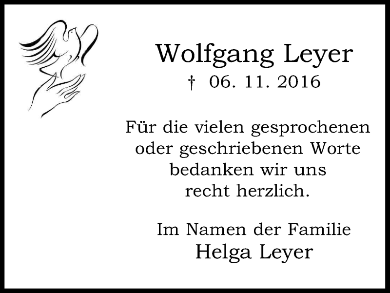  Traueranzeige für Wolfgang Leyer vom 03.12.2016 aus Kölner Stadt-Anzeiger / Kölnische Rundschau / Express