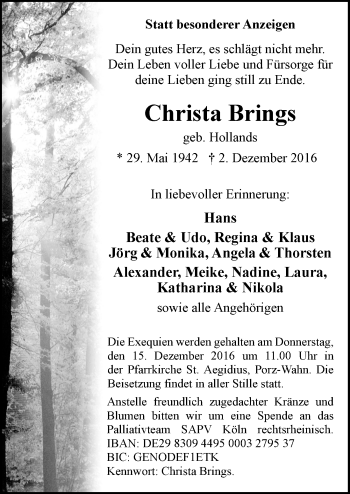 Anzeige von Christa Brings von  Kölner Wochenspiegel 