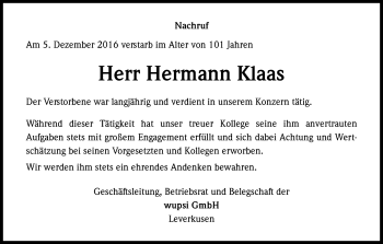Anzeige von Hermann Klaas von Kölner Stadt-Anzeiger / Kölnische Rundschau / Express
