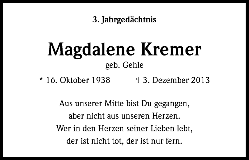  Traueranzeige für Hans-Georg + Magdalene Kremer vom 03.12.2016 aus Kölner Stadt-Anzeiger / Kölnische Rundschau / Express
