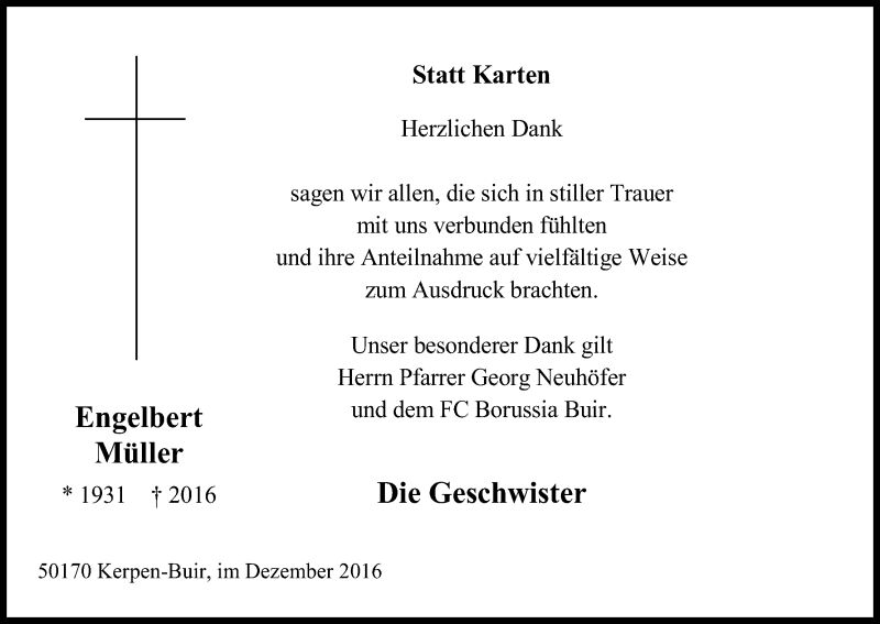  Traueranzeige für Engelbert Müller vom 24.12.2016 aus Kölner Stadt-Anzeiger / Kölnische Rundschau / Express