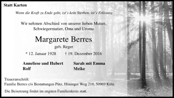 Anzeige von Margarete Berres von Kölner Stadt-Anzeiger / Kölnische Rundschau / Express