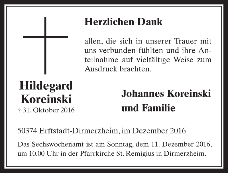  Traueranzeige für Hildegard Koreinski vom 07.12.2016 aus  Werbepost 