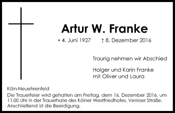 Anzeige von Artur W. Franke von Kölner Stadt-Anzeiger / Kölnische Rundschau / Express