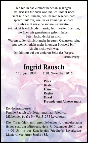 Anzeige von Ingrid Rausch von Kölner Stadt-Anzeiger / Kölnische Rundschau / Express