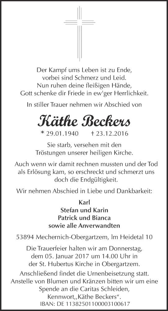  Traueranzeige für Käthe Beckers vom 31.12.2016 aus  Blickpunkt Euskirchen 