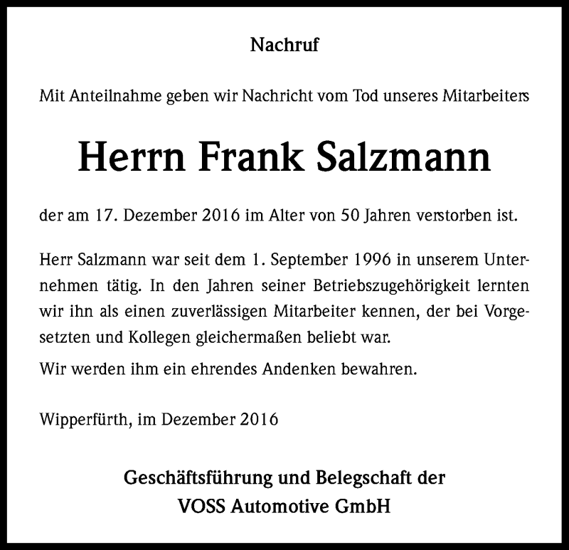  Traueranzeige für Frank Salzmann vom 30.12.2016 aus Kölner Stadt-Anzeiger / Kölnische Rundschau / Express