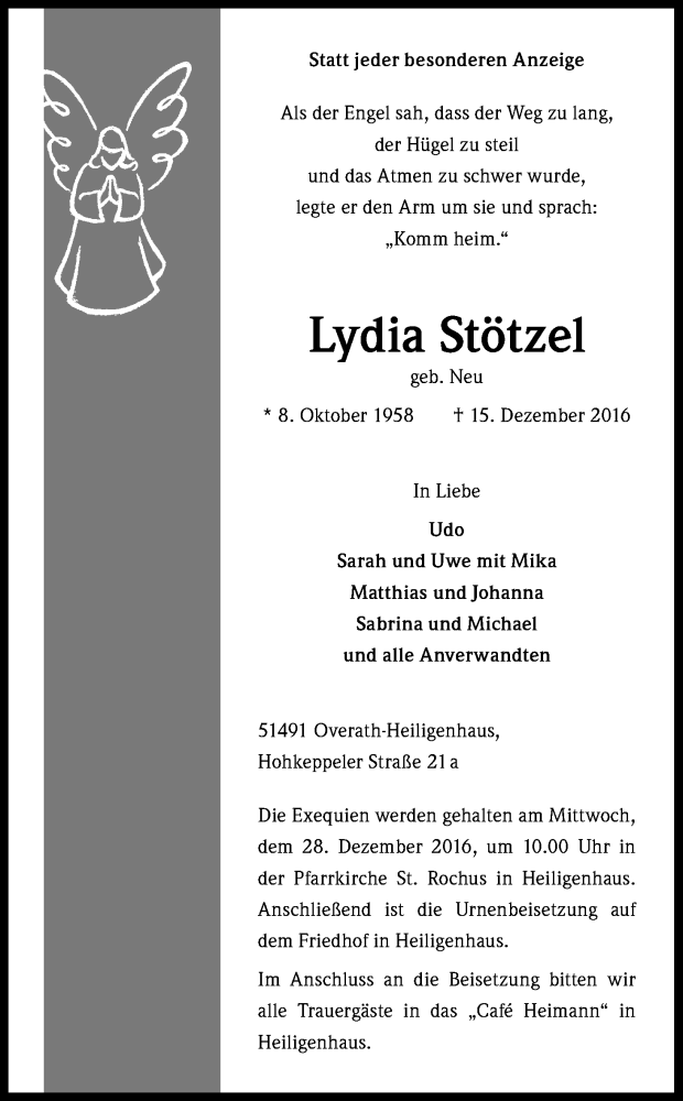  Traueranzeige für Lydia Stötzel vom 21.12.2016 aus Kölner Stadt-Anzeiger / Kölnische Rundschau / Express