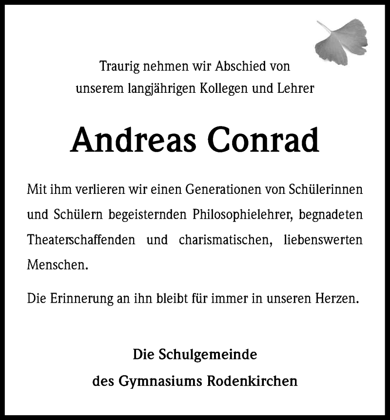  Traueranzeige für Andreas Conrad vom 17.12.2016 aus Kölner Stadt-Anzeiger / Kölnische Rundschau / Express