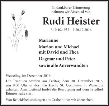Anzeige von Rudi Heister von  Schlossbote/Werbekurier 