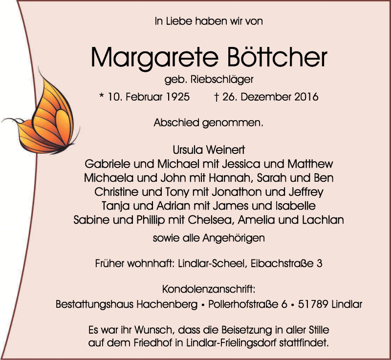  Traueranzeige für Margarete Böttcher vom 31.12.2016 aus Kölner Stadt-Anzeiger / Kölnische Rundschau / Express