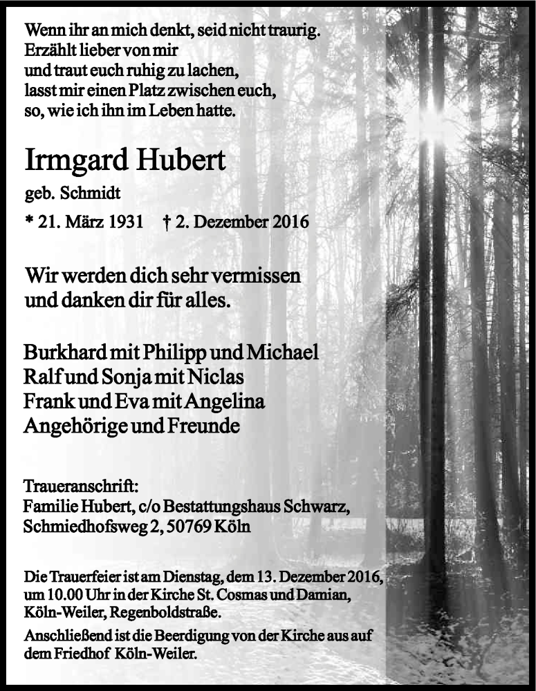  Traueranzeige für Irmgard Hubert vom 10.12.2016 aus Kölner Stadt-Anzeiger / Kölnische Rundschau / Express