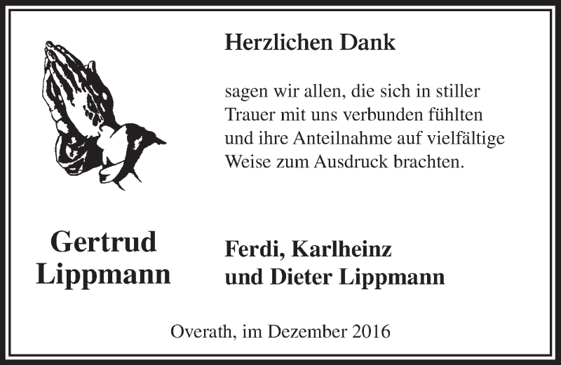  Traueranzeige für Gertrud Lippmann vom 14.12.2016 aus  Bergisches Handelsblatt 