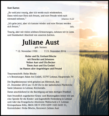 Anzeige von Juliane Aust von Kölner Stadt-Anzeiger / Kölnische Rundschau / Express