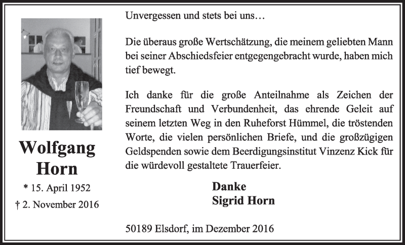  Traueranzeige für Wolfgang  Horn vom 17.12.2016 aus  Sonntags-Post 