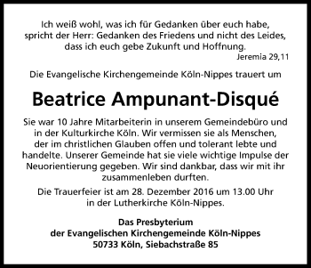 Anzeige von Beatrice Ampunant-Disque von Kölner Stadt-Anzeiger / Kölnische Rundschau / Express