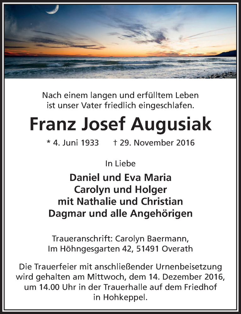  Traueranzeige für Franz Josef Augusiak vom 07.12.2016 aus  Bergisches Handelsblatt 