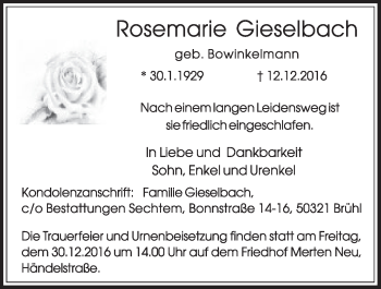 Anzeige von Rosemarie Gieselbach von  Schlossbote/Werbekurier 