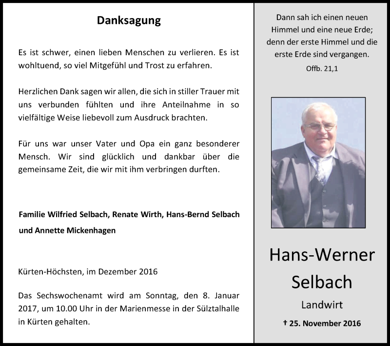  Traueranzeige für Hans-Werner Selbach vom 30.12.2016 aus Kölner Stadt-Anzeiger / Kölnische Rundschau / Express