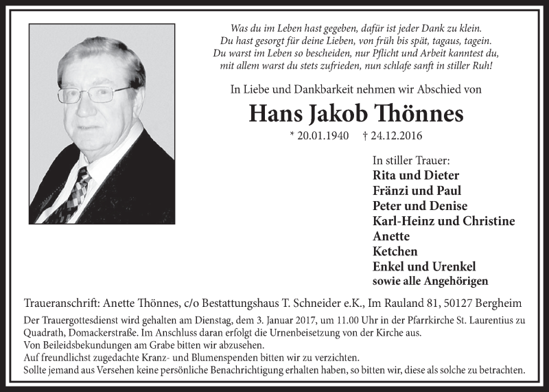  Traueranzeige für Hans Jakob Thönnes vom 31.12.2016 aus  Sonntags-Post 