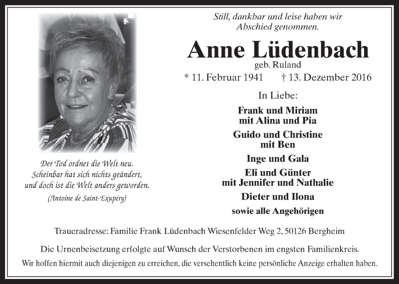  Traueranzeige für Anne Lüdenbach vom 28.12.2016 aus  Werbepost 