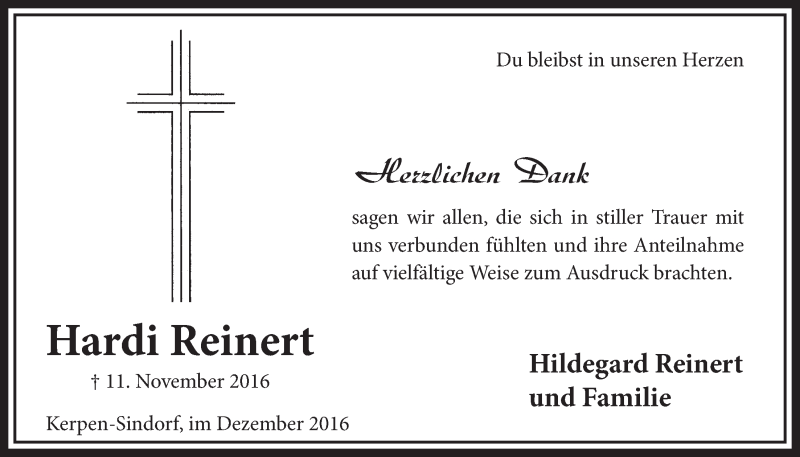  Traueranzeige für Hardi Reinert vom 24.12.2016 aus  Sonntags-Post 