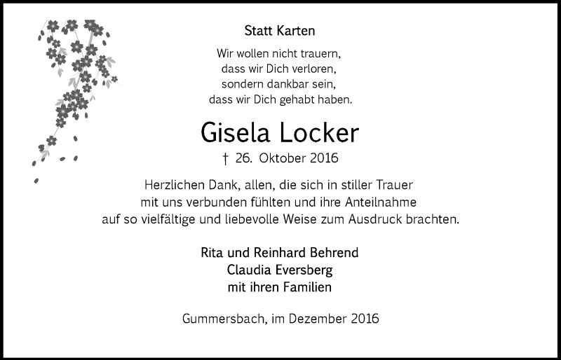  Traueranzeige für Gisela Locker vom 28.12.2016 aus  Anzeigen Echo 