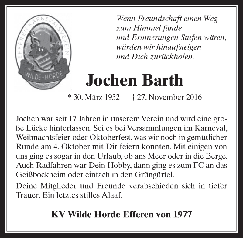  Traueranzeige für Jochen Barth vom 07.12.2016 aus  Wochenende 