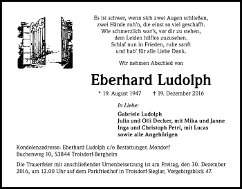 Anzeige von Eberhard Ludolph von Kölner Stadt-Anzeiger / Kölnische Rundschau / Express