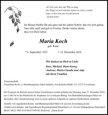 Anzeige von Maria Koch von Kölner Stadt-Anzeiger / Kölnische Rundschau / Express