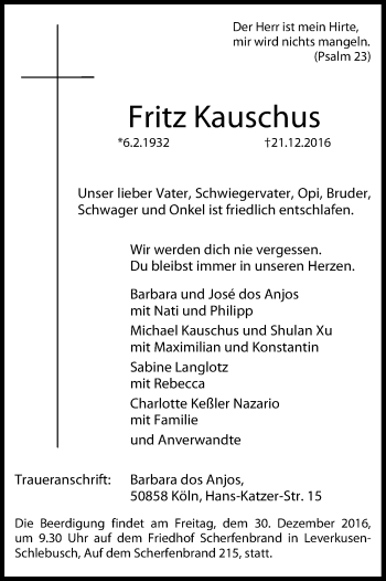 Anzeige von Fritz Kauschus von Kölner Stadt-Anzeiger / Kölnische Rundschau / Express