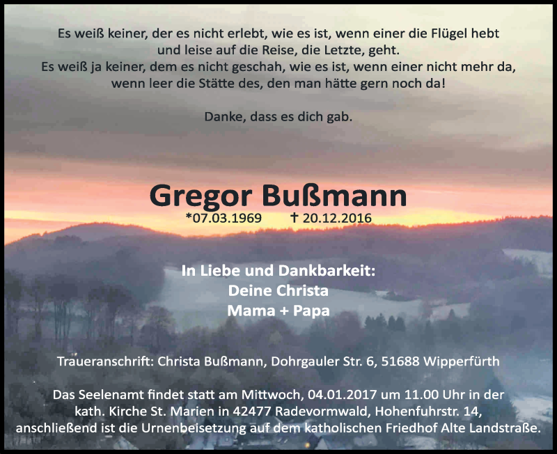  Traueranzeige für Gregor Bußmann vom 28.12.2016 aus Kölner Stadt-Anzeiger / Kölnische Rundschau / Express