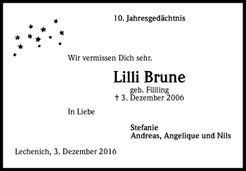 Anzeige von Lilli Brune von Kölner Stadt-Anzeiger / Kölnische Rundschau / Express