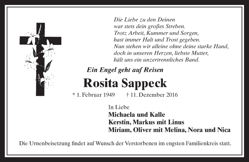  Traueranzeige für Rosita Sappeck vom 21.12.2016 aus  Werbepost 