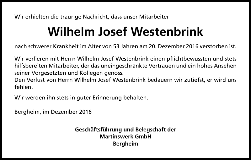 Traueranzeige für Wilhelm Josef Westenbrink vom 24.12.2016 aus Kölner Stadt-Anzeiger / Kölnische Rundschau / Express